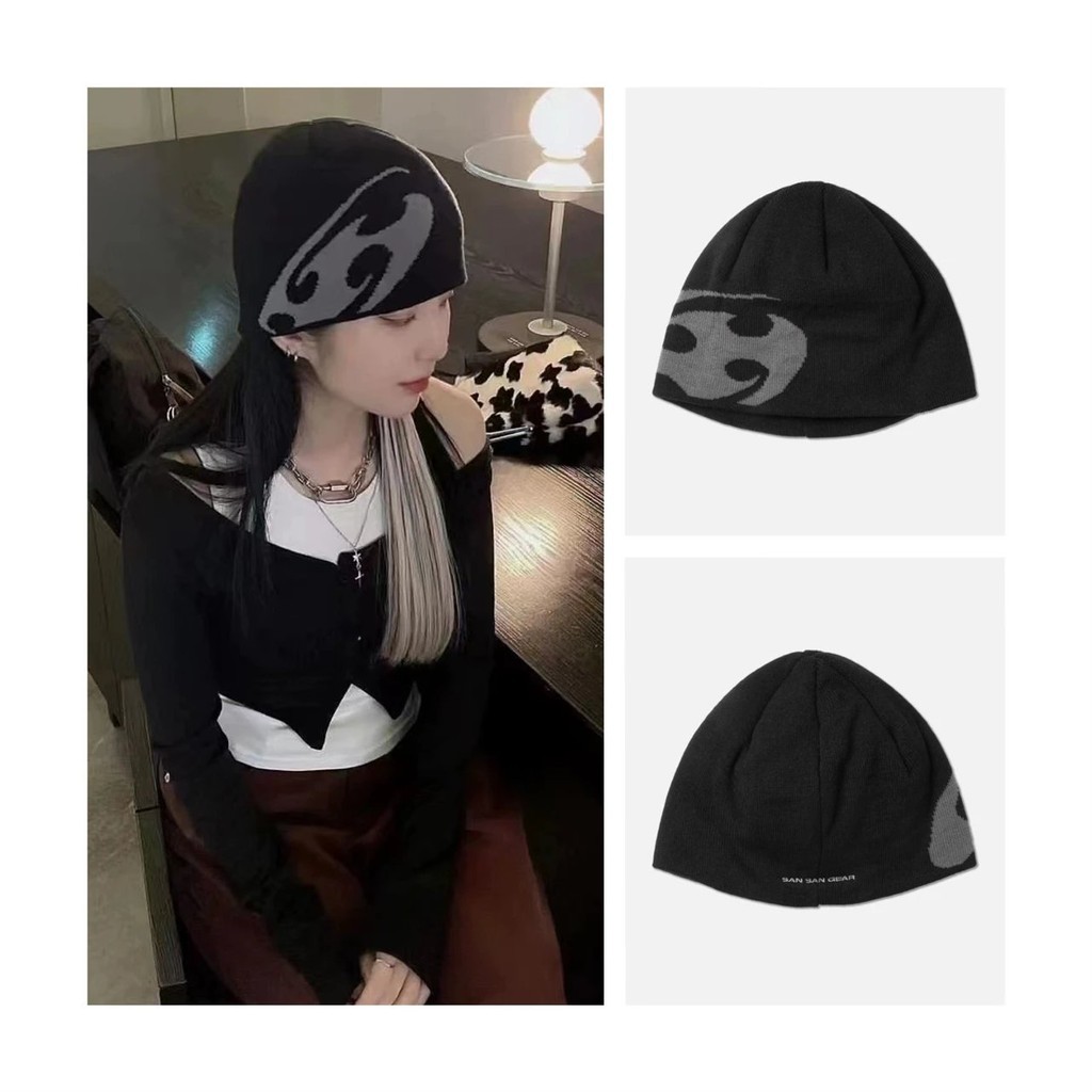 Merek desain Korea san san gear, Topi Jacquard, pola roda gigi, logo huruf, Desain Bordir, beanie |i