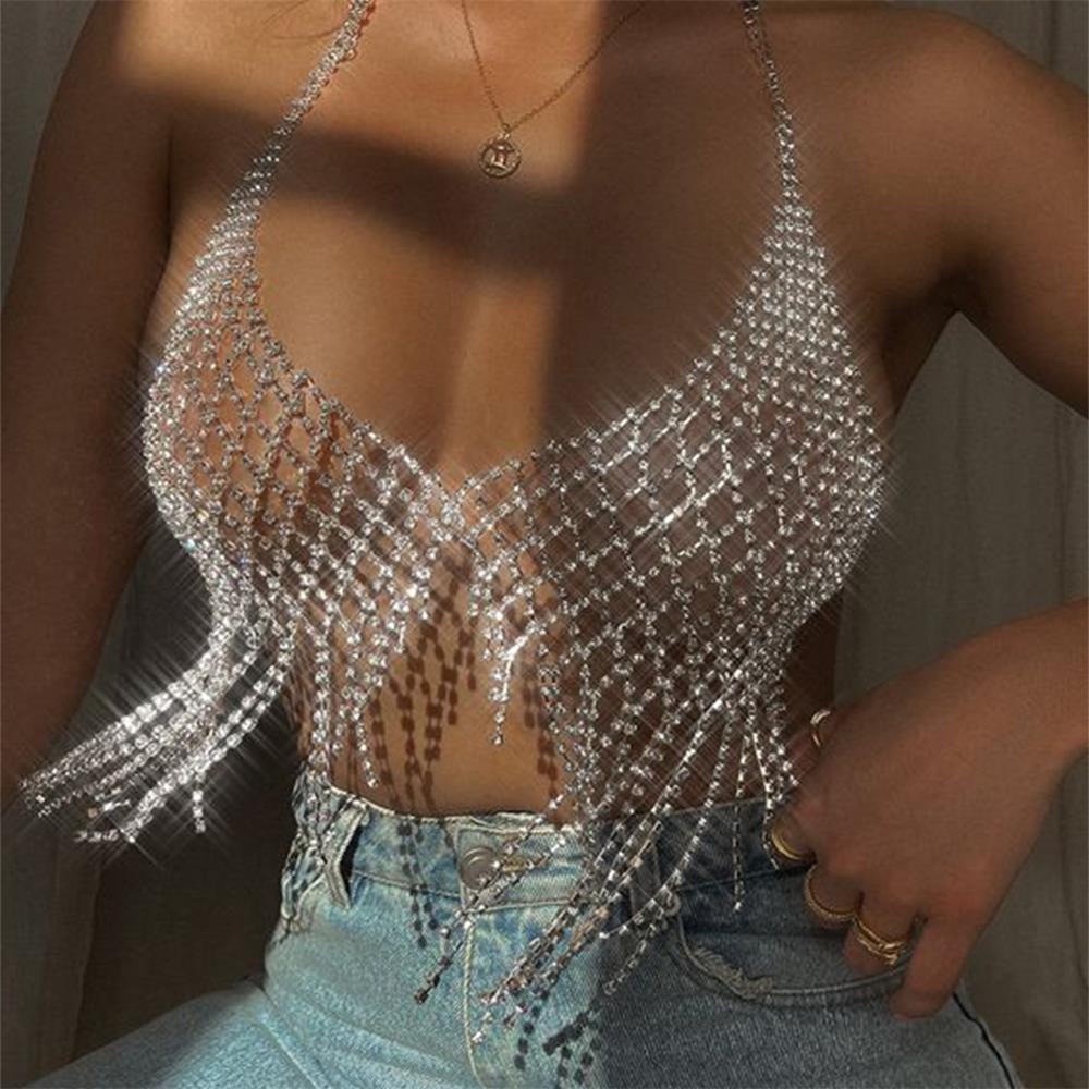 Luxury Mesh Tassel Body Harness Rantai Dada Bra Top Rhinestone Crystal Lingerie Bikini Sexy Body Jew