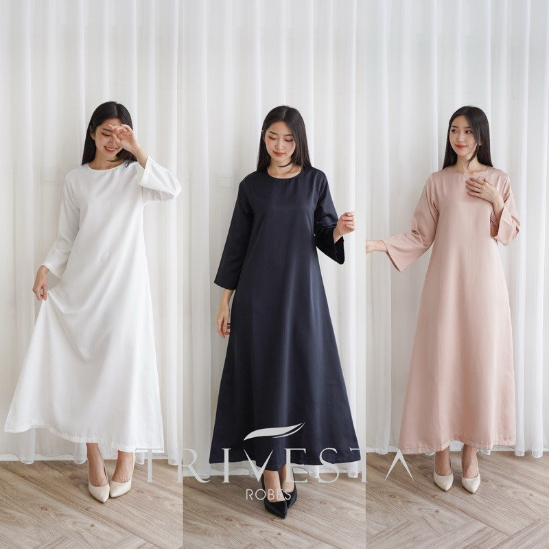 Trivesta Robes - Satin Round Collar Inner Dress- Putih Nude Hitam-Dapat digunakan untuk Hijab Underw