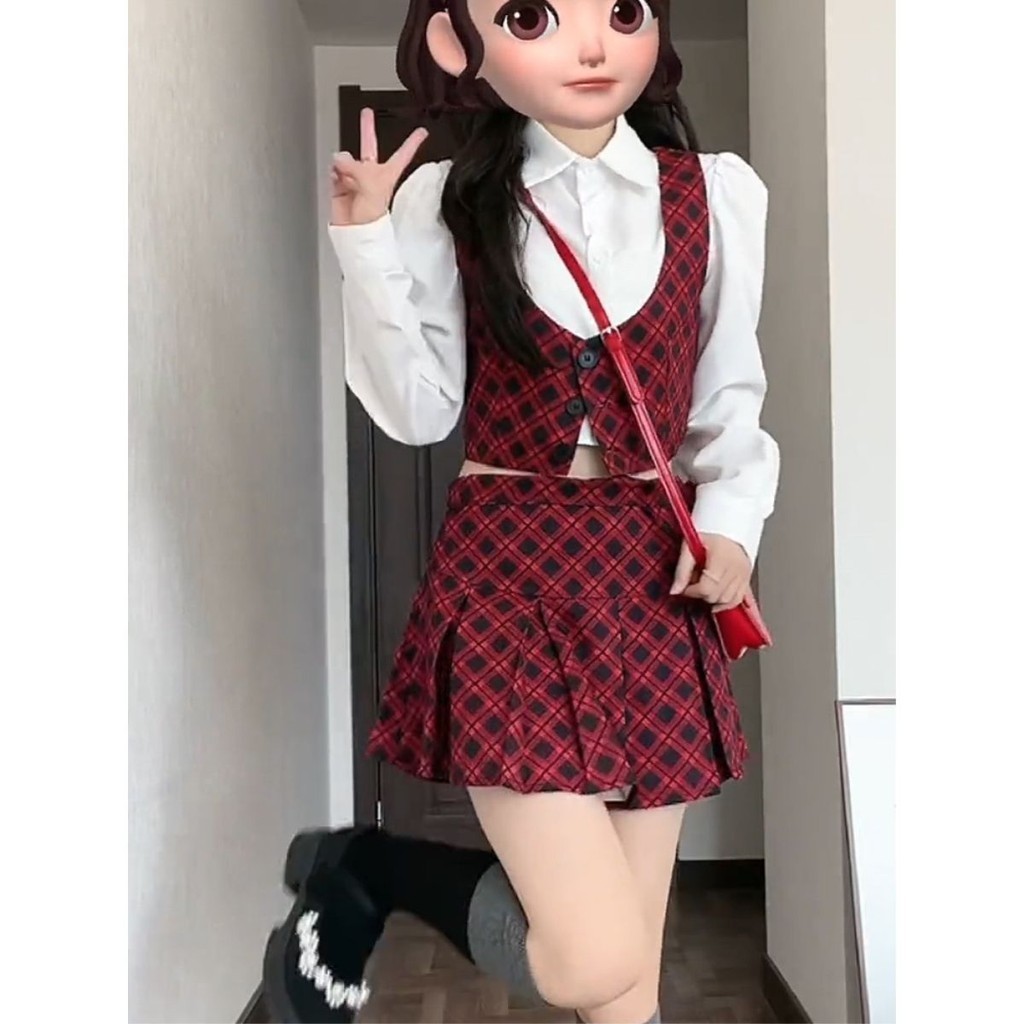 Atasan Kemeja Rompi Kotak-kotak Retro Rok Lipit Wanita |iMv1y6kx|