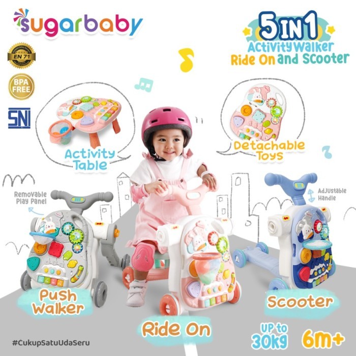 Sugar Baby 5 In 1 Activity Walker Rideon And Scooter Baby Push Walker