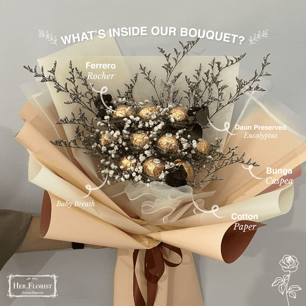 HER.FLORIST 10PCS Ferrero Rocher Buket/ Buket Bunga Baby Breath dan Cokelat Ferrero Rocher