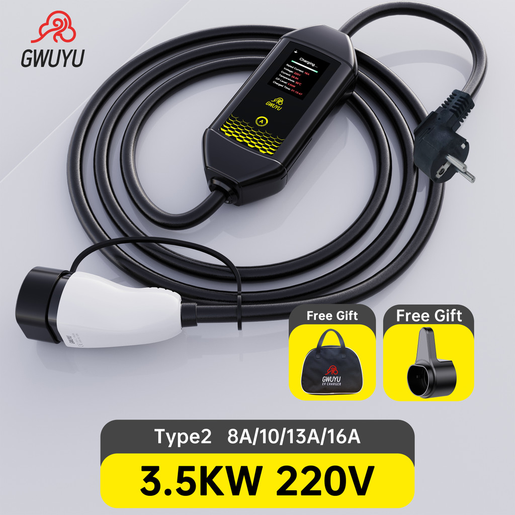 GWUYU M62 Type2 IEC62196-2 Portable Charger for Electric Car 16A 3.5KW 3.5m Cable LED Screen/Light G