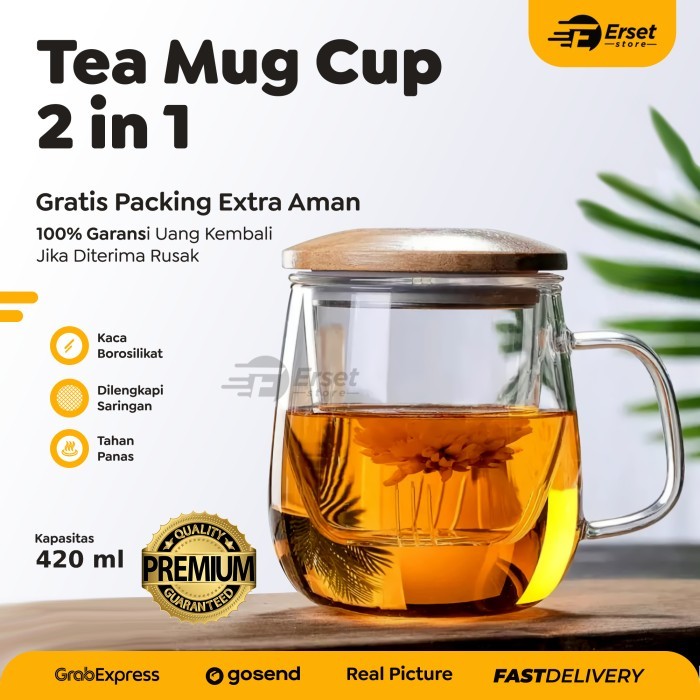 Gelas Saringan Rempah & Teh Tahan Panas Kaca Tutup Kayu