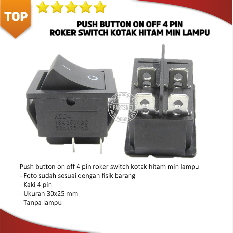 Push button on off 4 pin roker switch kotak hitam min lampu