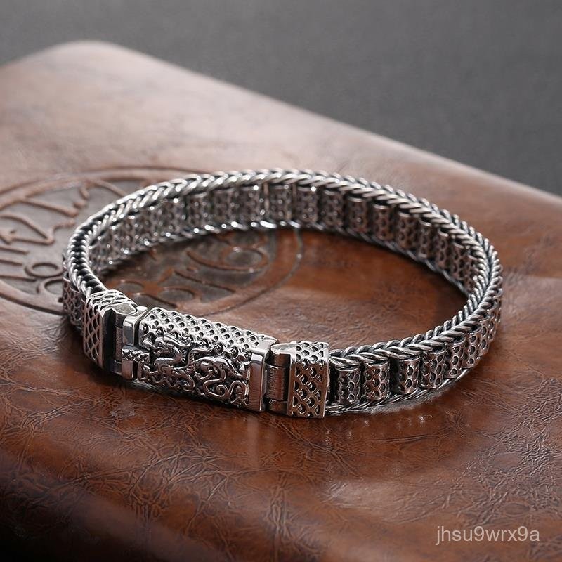 Gelang Perak Thai Distressed Pria Skala Naga Tenunan Tangan
