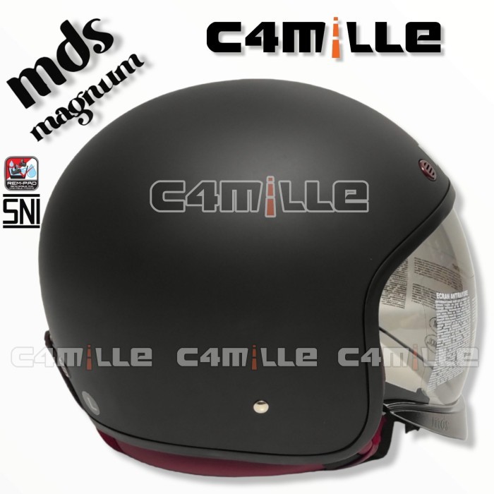 Helm Mds Retro Solid Black Doff Half Face Kaca Smoke