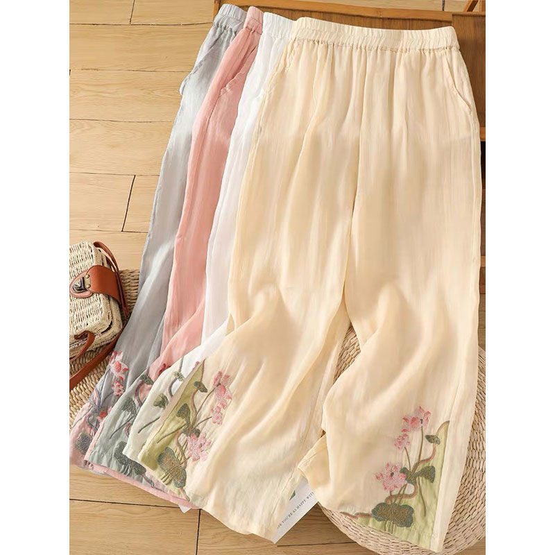 Celana Kaki Lebar Retro Bordir Gaya Cina Wanita