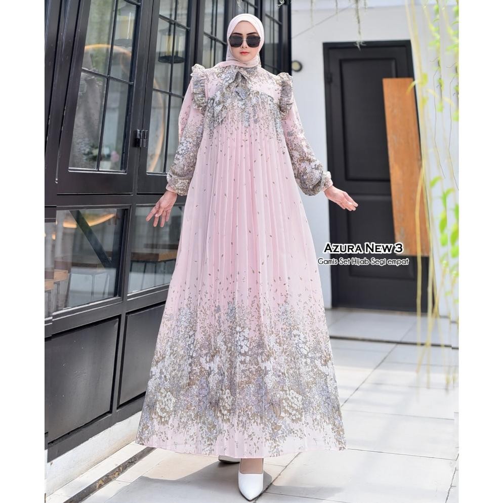 Dress Azura New 3 Gamis Muslim Set Hijab Model Terbaru Bahan Ceruty Best Seller