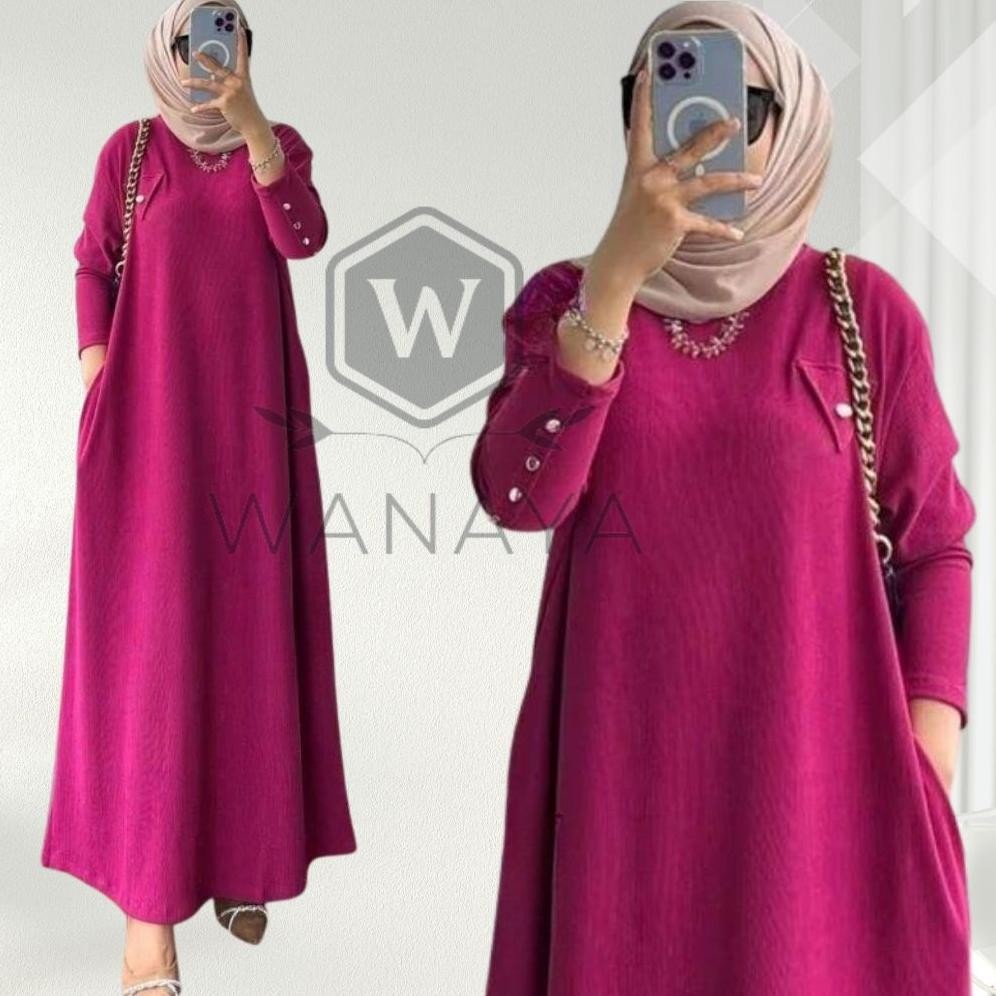 Gamis Knit Import Premium Terbaru Motif Polos Lengan Panjang Pakai Kancing Ramah Ibu Hamil