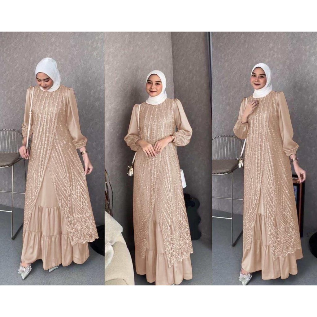 (COD) MAXI OLIVIA GAMIS SATIN KOMBI TILLE MUTIARA BORDIR GAMIS KONDANGAN GAMIS UNDANGAN GAMIS MEWAH 