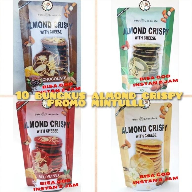 

SPIROS [PAKET HEMAT] 10 BUNGKUS CALAN KUE KERING ALMOND CRISPY WITH CHEESE CHOCOLATE GREEN TEA RED VELVET VANILLA 65 GRAM SNACK KEKINIAN ENAK MURAH OLEH-OLEH KHAS BATU MALANG