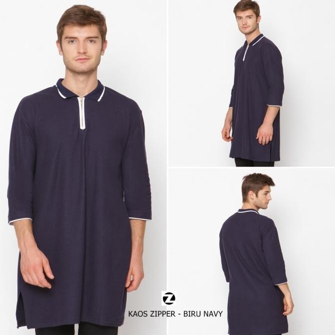 Baju Kaos Koko Gamis Zayidan Muslim Pria Zipper - Navy Takinpalas