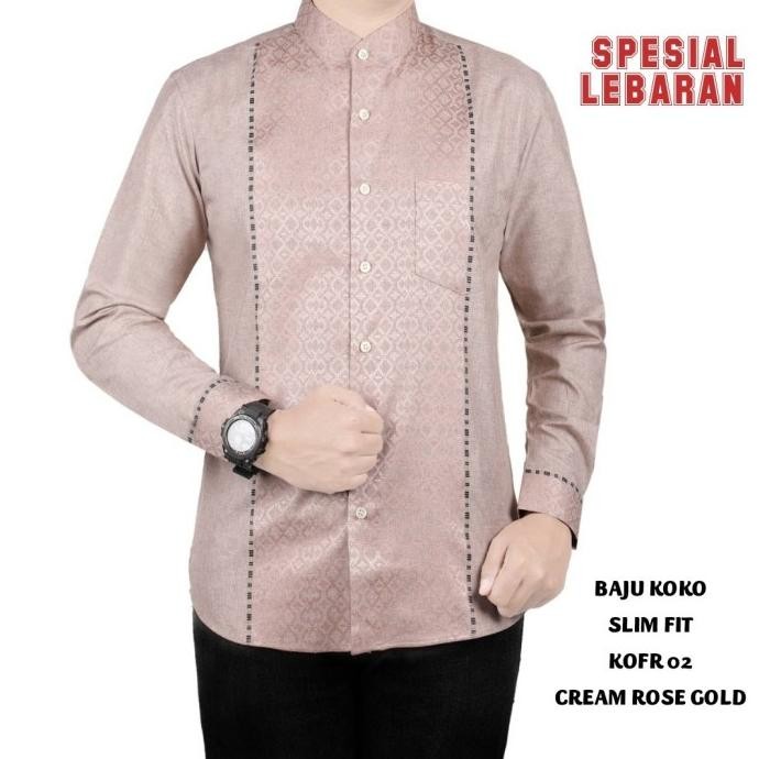 Baju Koko Muslim Pria Kemeja Koko Pria Slim Fit Lengan Panjang Fortun Remo Kofr 02 Cream Rose Gold K