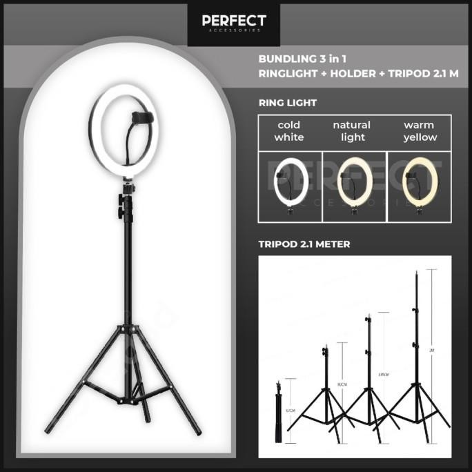 TRIPOD HP RING LIGHT 26CM PAKET KOMPLIT 2,1 METER LAMPU MAKE UP VLOG