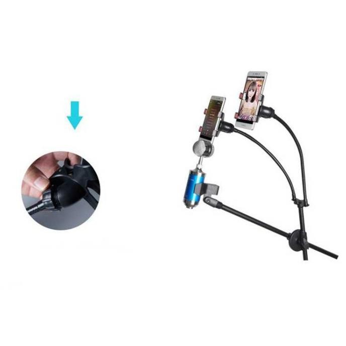 Grosir Stand Mic Panjang Lantai Standing Tiang Microphone Berdiri Dengan 2 Holder Hp Smartphone