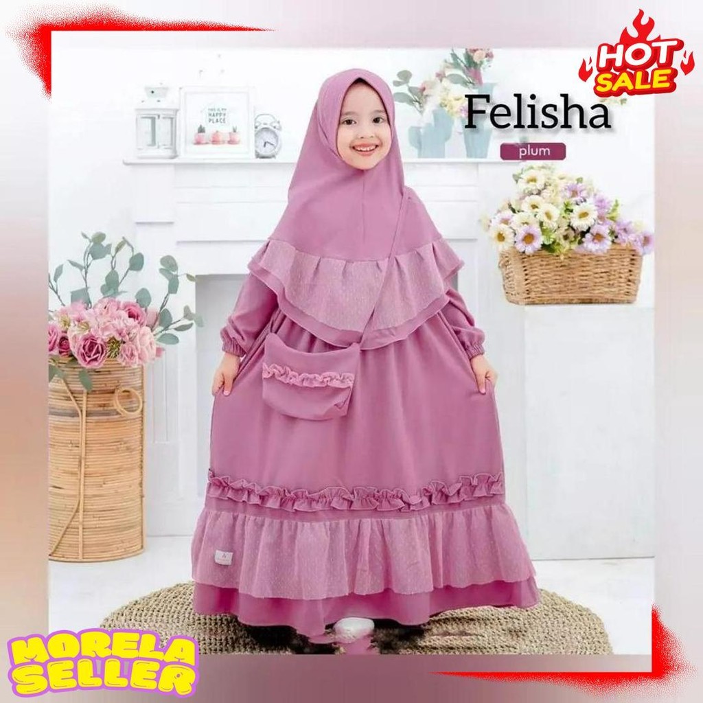 Baju Anak Perempuan Felisha Syari Kids Mc Bahan Shakila Mix Tile Dot Gamis Set Hijab Anak Perempuan 