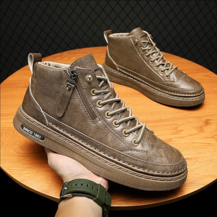 Sepatu Sneaker Boots Kulit Pria Import Cowok Original Jahitan Lentur