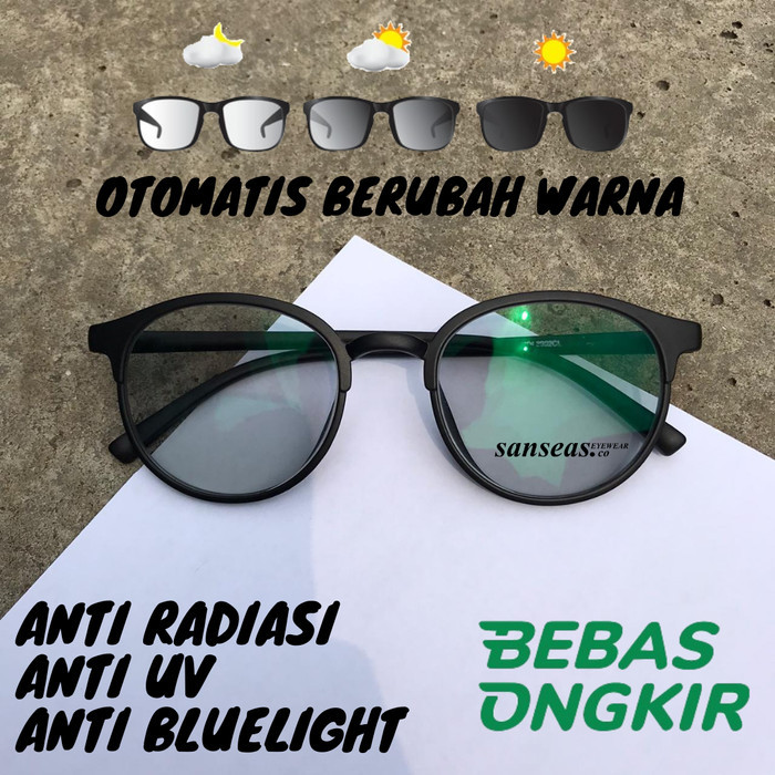 Kacamata Photocromic Pria Bulat Oval Lensa Anti Radiasi Hitam Doff