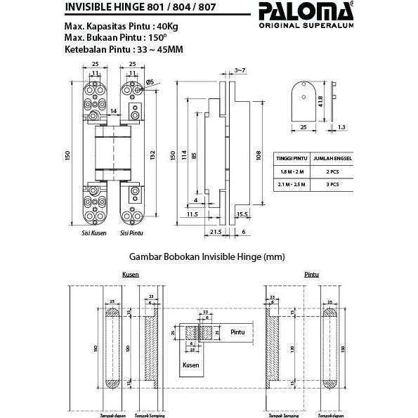 Engsel Hinge Paloma Concealed P40 Black #Engsel Tanam Pintu / Ihp 804 Original Dan Terpercaya