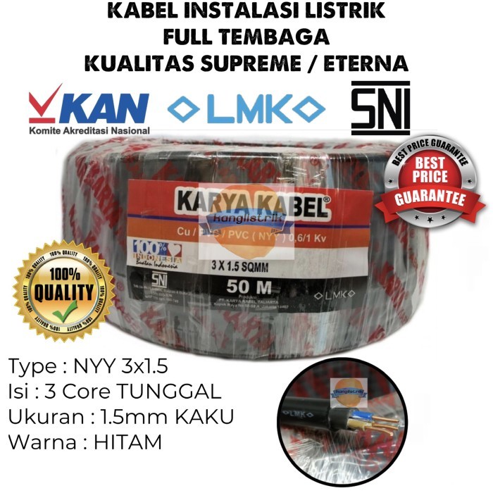 Kabel Nyy 3X1.5 Karya Kabel / Kabel Tunggal Nyy 3X1,5 Sni Lmk. @50Mtr