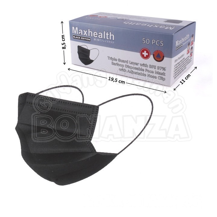 [Bonanza] Grosir Masker Earloop 50 Pcs Hitam Maxhealth Non Medis