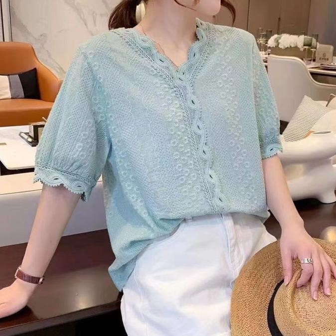 BLUS KATUN BRUKAT BORDIR HIJAU MINT KUNING UNGU PUTIH PINK SALEM V NECK LIS KEPANG