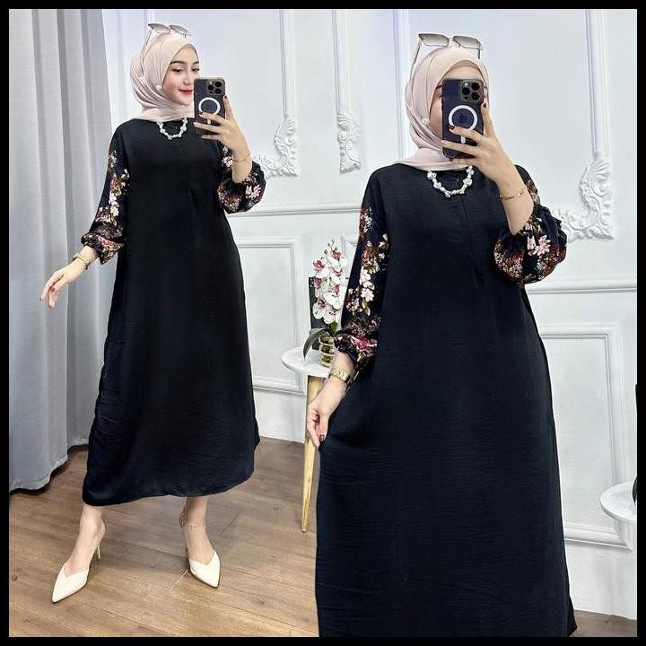 Terlaris Lisha Dress Gamis Wanita Dewasa Crinkle Mix Motif Rayon Muslim Airflow Good Quality