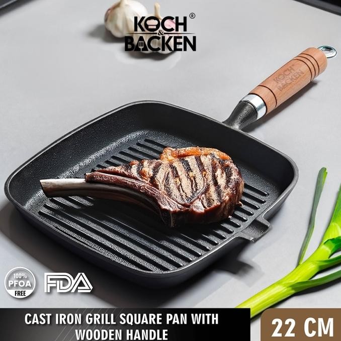 KOCH&BACKEN Cast Iron Grill Square Pan 22cm - Wajan Panggang