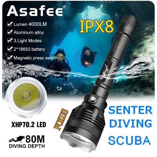 TERBARU Senter Diving / Senter Menyelam Asafee 4000 Lumens IPX8 SCUBA / SENTER SELAM