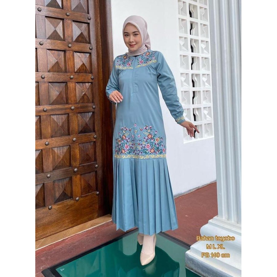 Gamis bordir bunga rempel depan terlaris bahan katun toyobo  Wanita Baju Dress Dewasa Muslim Wanita 