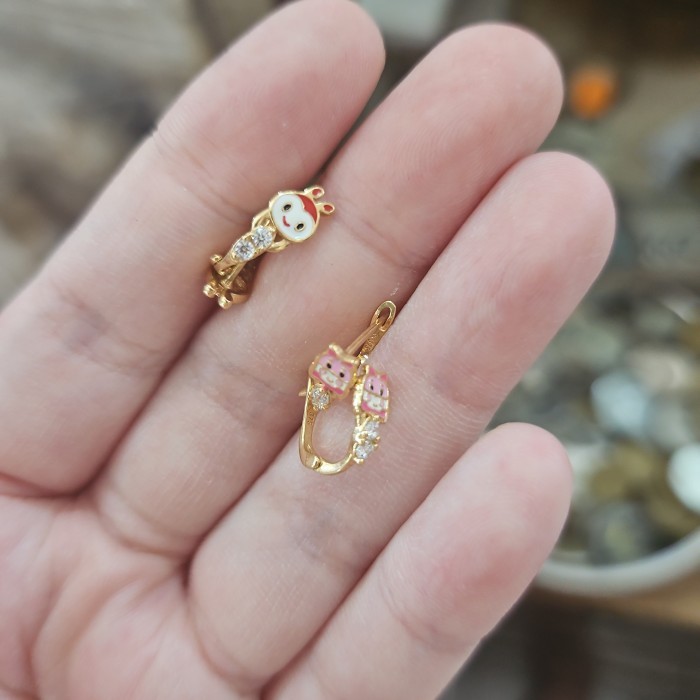 anting jepit anak karakter winnie the pooh pink kelinci lucu emas asli