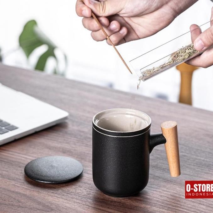 GELAS KERAMIK TUTUP MUG KOPI CANGKIR TEH SET TEA CUP STRAINER DUNE