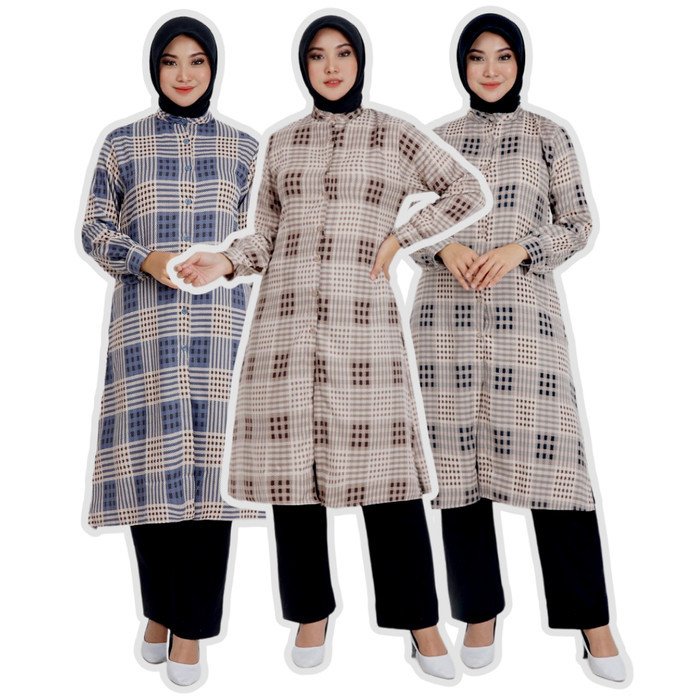 LONG TUNIK HIJAB WANITA MUSLIMAH MOTIV KOTAK KOTAK ATASAN MUSLIM WANIT