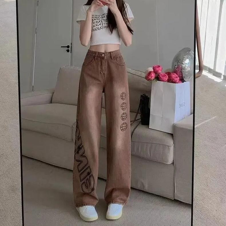 [ Cod ] Aroana Jeans Cetak Coklat Gaya Eropa Dan Amerika Untuk Wanita Celana Panjang Lurus Kaki Leba