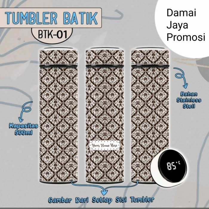 Botol Minum Motif Batik / Thumbler Suhu Led Batik Indonesia - Hitam