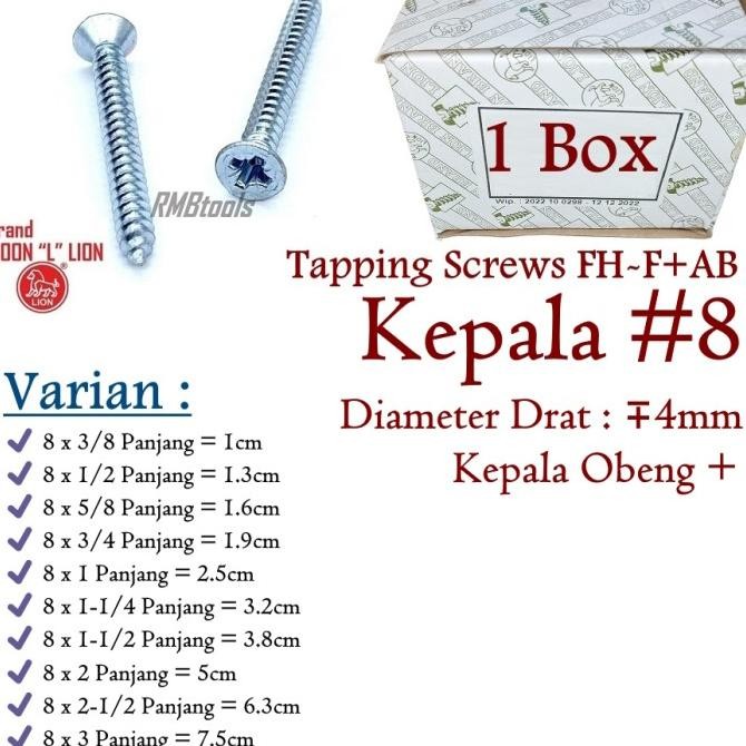 1DUS SEKRUP TAPPING SCREW FH 8 MOON LION KAYU TEMBOK ALUMUNIUM F+AB