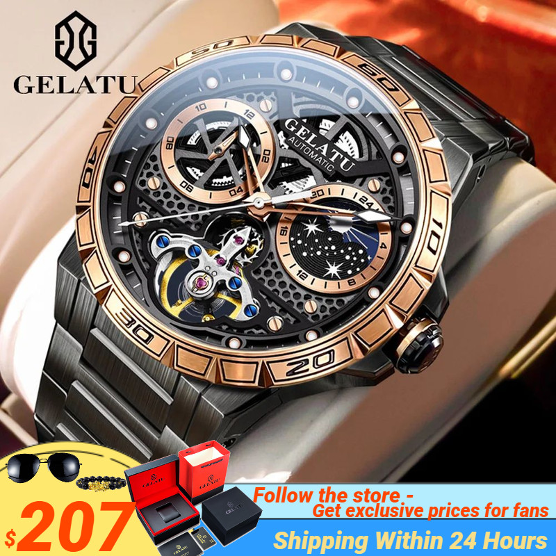 GELATU 6020 Trend Men's Watches Multifunctional Automatic Mechanical Watch for Men Flywheel Hollow