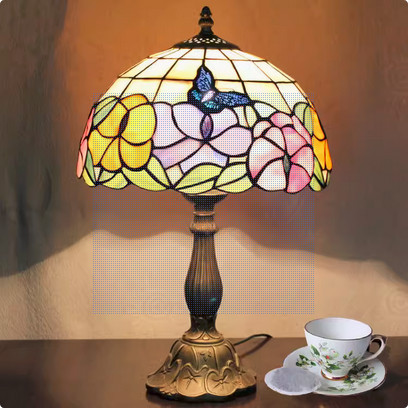 Scandinavian Birds Offering Flowers Glass Table Lamp Tiffany Style
