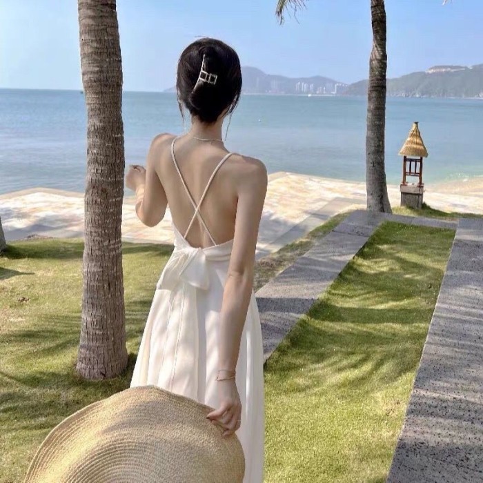 Sensasi Baru Dress A Line White Blackless Pantai Sexy Korean Vintage Summer Beach Dsk5