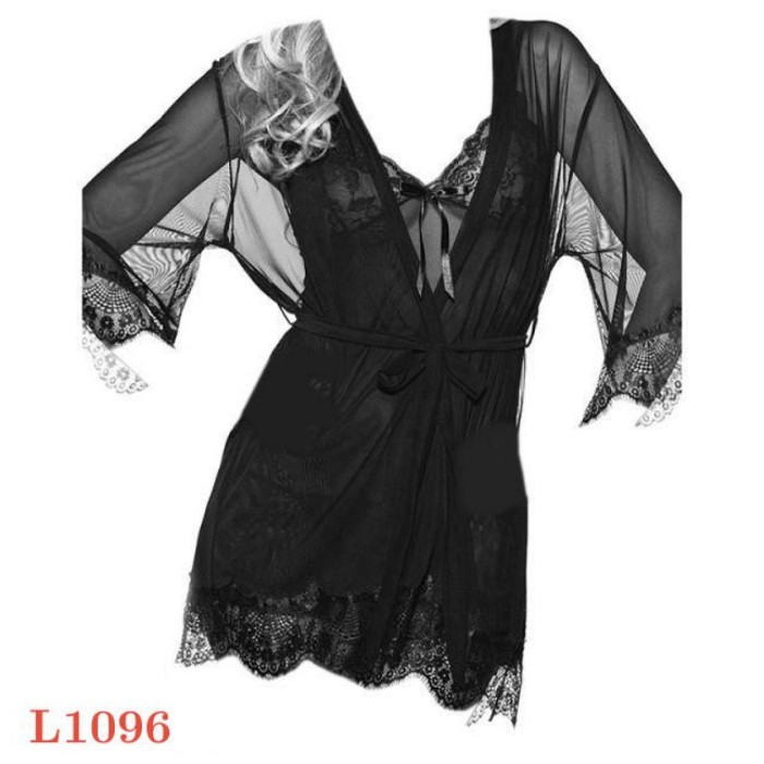 L1096 Baju Tidur Haram Sexy Robe Kimono Hitam Transparan Lengan Pendek