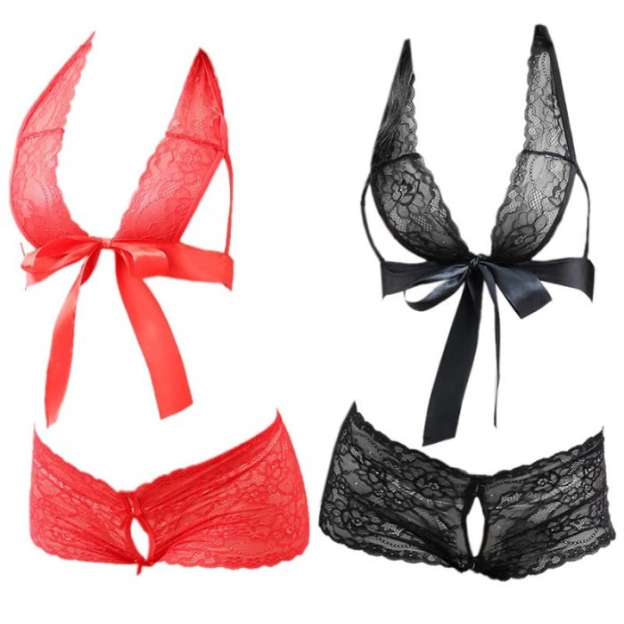 B285 Bikini Bra Set Bralette Halter Lace Transparan Bh Ikat Depan