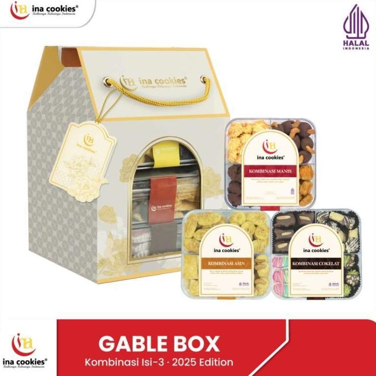 

Hampers Lebaran 2025 Gable Box Kombinasi isi 3 Toples Kue Kering Premium Ina Cookies