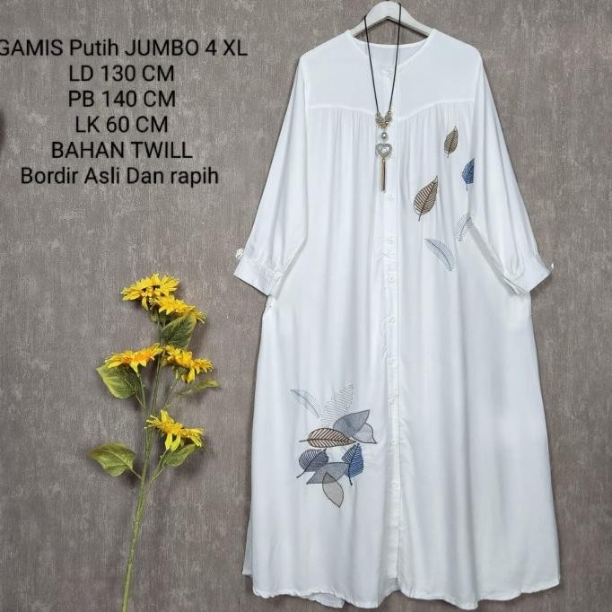 GAMIS PUTIH JUMBO LD 130 CM MODEL BORDIR KEKINIAN