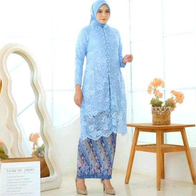 Best Item, Couple Kebaya Tunik Tulle Mutiara Ice Blue Baju Batik Dewasa  Panjang  Pendek  Wanita  Li