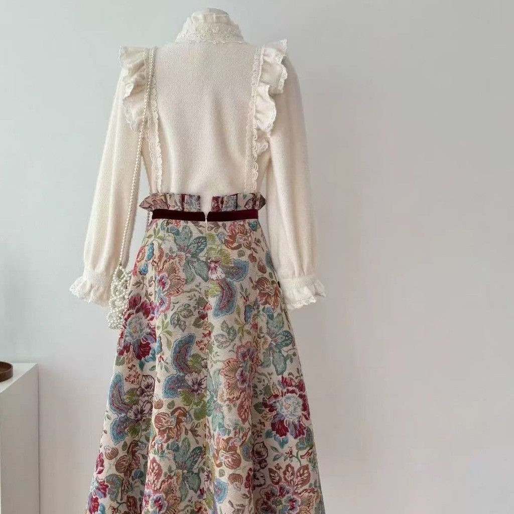 Rok Midi Kontras Jacquard Retro Perancis