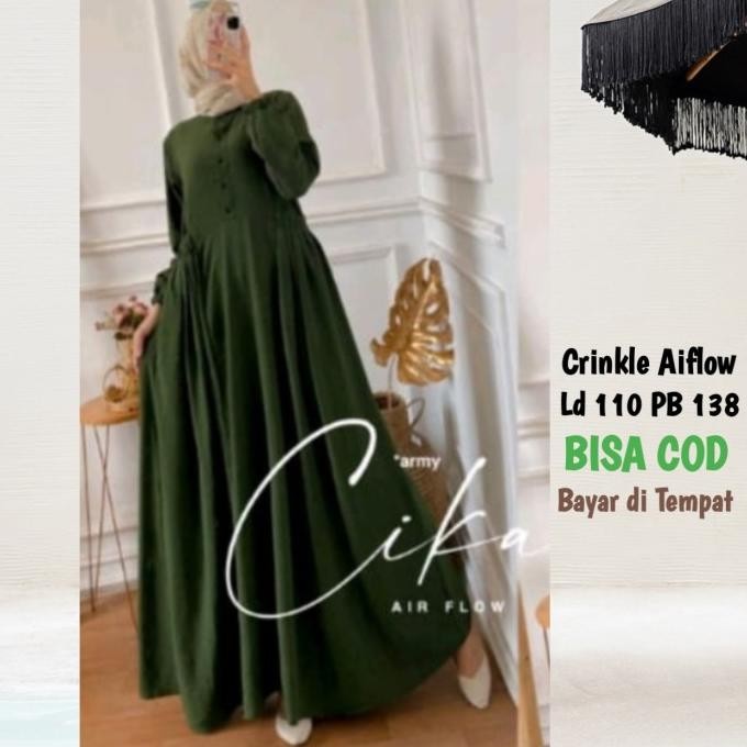 Gamis Dress Wanita Muslim Kondangan Remaja Crinkle Polos - Sage Green Promo