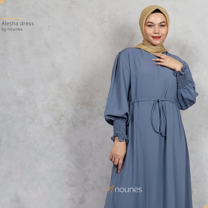 Nounes Alesha Dress Gamis Polos Woolpeach Wanita Terbaru