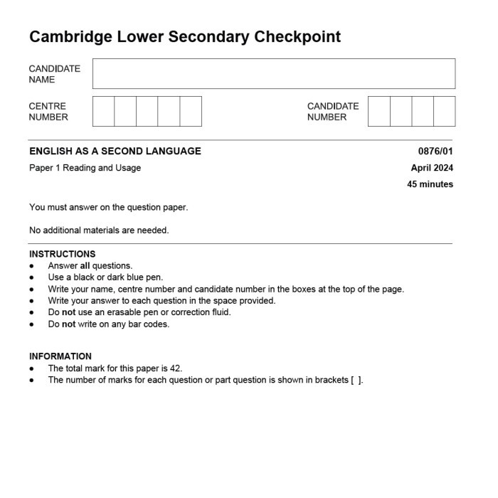 

[Hardcopy] Cambridge Lower Secondary Checkpoint Esl April 2024