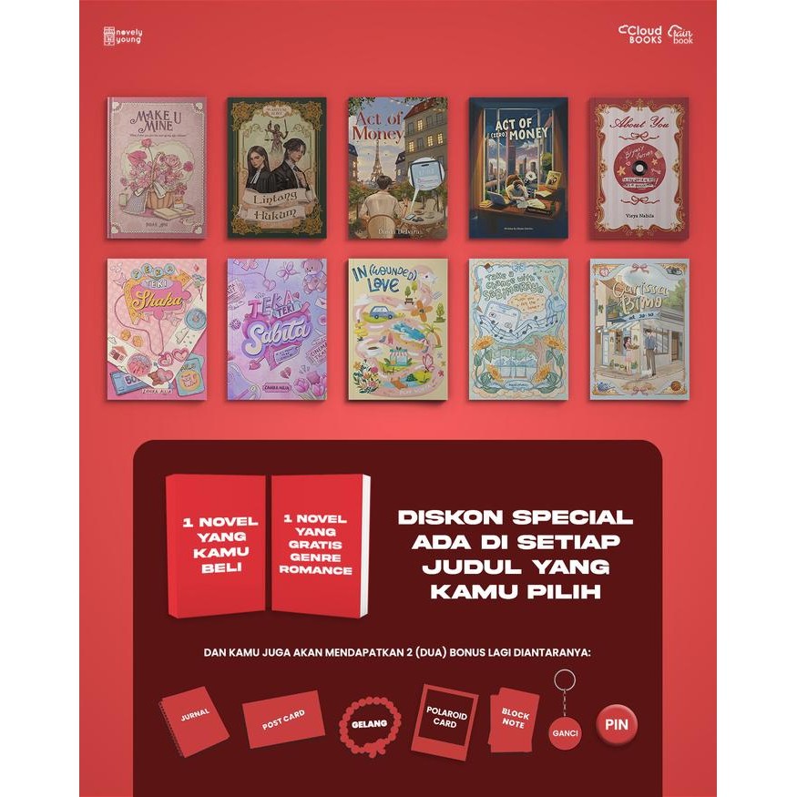 

2.2 Bucin Sale (Novel Cloud & Rain Book) - Beli 1 Novel Gratis 1 Novel Random + 2 Merchandise Random